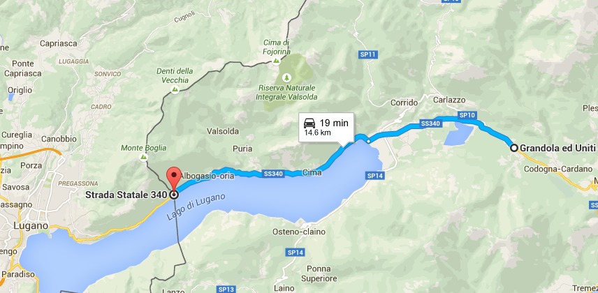 Il probabile progettato percorso della fuga in Svizzera di MUssolini, 27 aprile 1945. Giunge a soli 15 km dal confine. I tempi di percorrenza non sono esatti, essendo quelli del 2015
