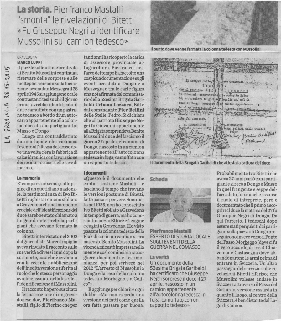 Mussolini fu riconosciuto da Giuseppe Negri. Articolo di Marco Luppi per "La Provincia", 28 maggio 2015. Cortesia di Pierfranco Mastalli.