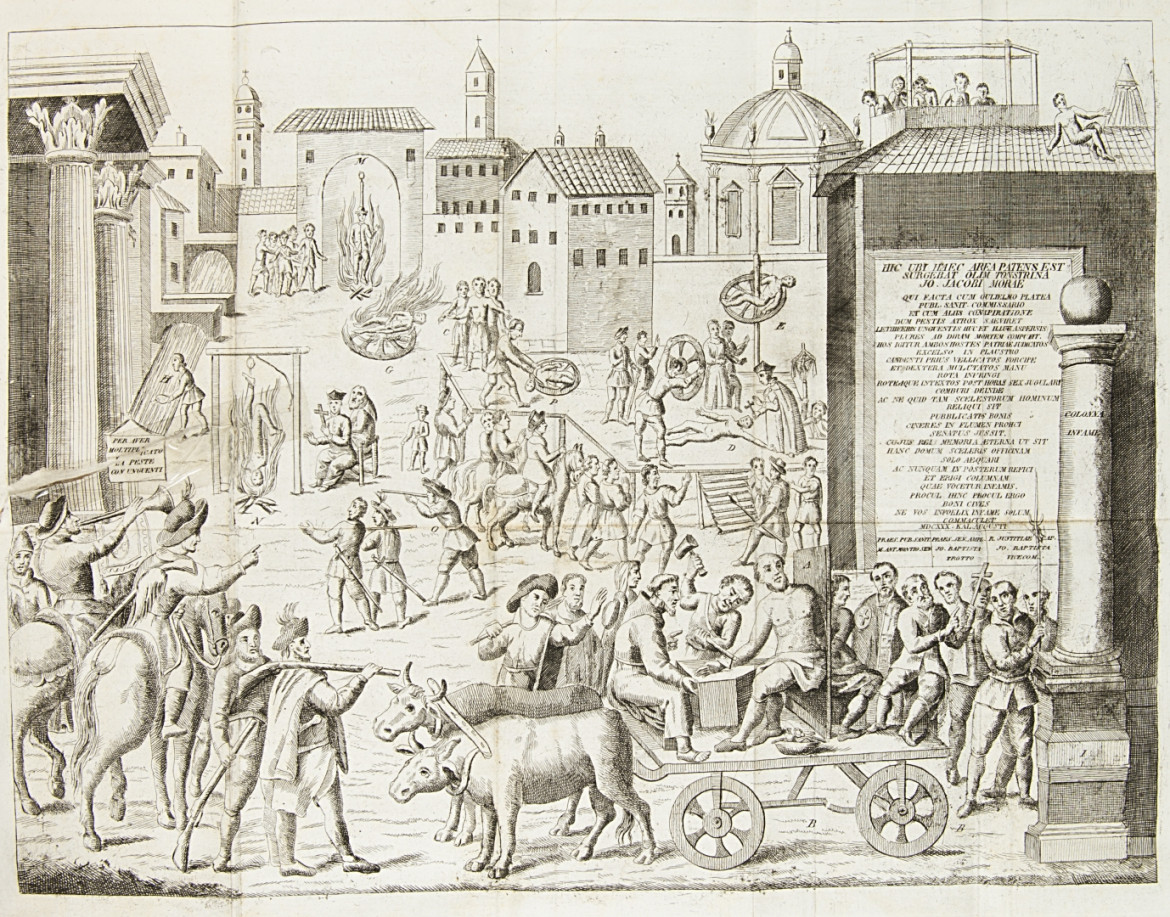 Stampa del 1839 (Gaspare Truffi e Comp., Milano) che illustra il processo originale degli untori nella peste del 1630