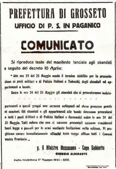 Il bando firmato nel 1944 dal futuro leader del Msi che intimava per conto della Prefettura di Grosseto di presentarsi ai comandi nazisti, rivolto a partigiani e soldati che non avevano aderito a Salò